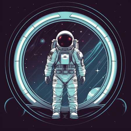 Astronaut in outer space behind the porthole. Created with generative AIの写真素材