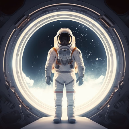 Astronaut in outer space behind the porthole. Created with generative AIの写真素材