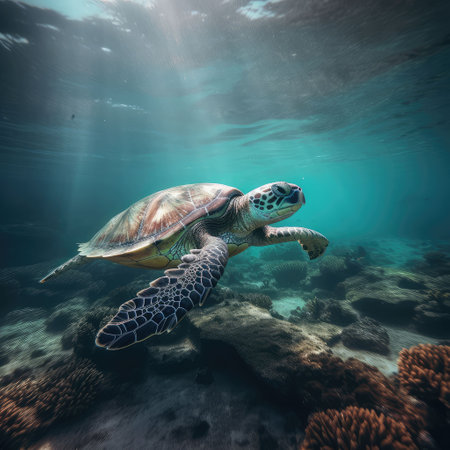 Green turtle in the blue looking at me. Created with generative AIの写真素材