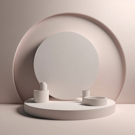 A realistic scene with a pedestal in pastel pink colors. background for product demonstration. Created with generative AIの写真素材