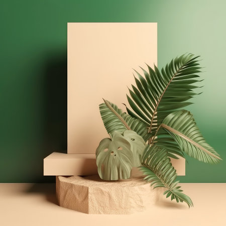 Minimal white scene with geometric shapes and green palm leaves. Cylindrical podium on a yellow background. tropical leaves. Created with generative AIの写真素材
