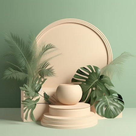 Minimal white scene with geometric shapes and green palm leaves. Cylindrical podium on a yellow background. tropical leaves. Created with generative AIの写真素材