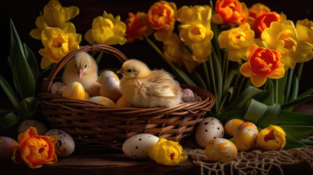 Colorful eggs and small yellow chicken. Spring Easter composition. Space for text or design. Easter card or Banner. Created with generative AIの写真素材