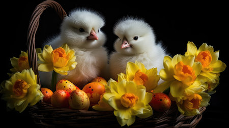 Colorful eggs and small yellow chicken. Spring Easter composition. Space for text or design. Easter card or Banner. Created with generative AIの写真素材