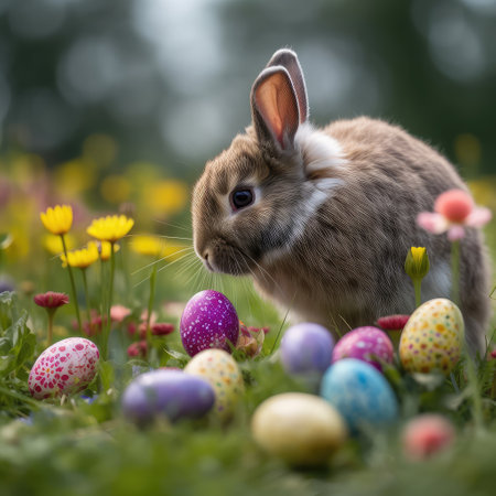 Easter cute rabbit sits with eggs on the background of spring nature. Created with generative AIの写真素材
