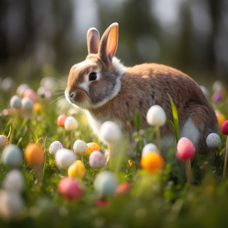 Easter cute rabbit sits with eggs on the background of spring nature. Created with generative AIの写真素材