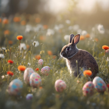 Easter cute rabbit sits with eggs on the background of spring nature. Created with generative AIの写真素材