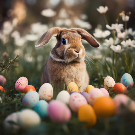 Easter cute rabbit sits with eggs on the background of spring nature. Created with generative AIの写真素材