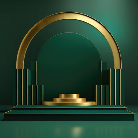 Abstract geometric shape dark green color minimalistic scene with podium, vase and gold flowers. Design for cosmetic or product identity. 3d rendering. Created with generative AIの写真素材