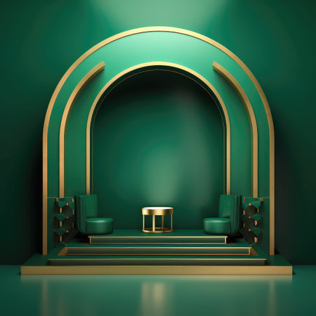 Abstract geometric shape dark green color minimalistic scene with podium, vase and gold flowers. Design for cosmetic or product identity. 3d rendering. Created with generative AIの写真素材