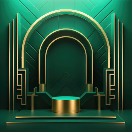 Abstract geometric shape dark green color minimalistic scene with podium, vase and gold flowers. Design for cosmetic or product identity. 3d rendering. Created with generative AIの写真素材