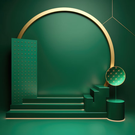 Abstract geometric shape dark green color minimalistic scene with podium, vase and gold flowers. Design for cosmetic or product identity. 3d rendering. Created with generative AIの写真素材