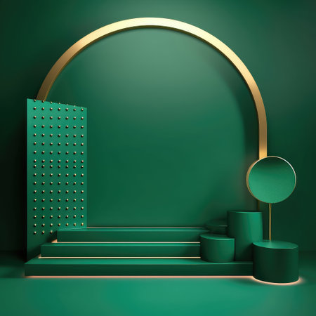 Abstract geometric shape dark green color minimalistic scene with podium, vase and gold flowers. Design for cosmetic or product identity. 3d rendering. Created with generative AIの写真素材