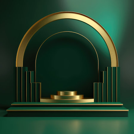 Abstract geometric shape dark green color minimalistic scene with podium, vase and gold flowers. Design for cosmetic or product identity. 3d rendering. Created with generative AIの写真素材