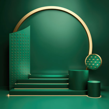 Abstract geometric shape dark green color minimalistic scene with podium, vase and gold flowers. Design for cosmetic or product identity. 3d rendering. Created with generative AIの写真素材