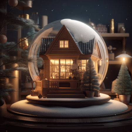 Merry christmas snow globe with a house on snowfall winter background. 3d illustration. Created with generative AIの写真素材