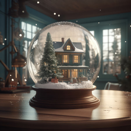 Merry christmas snow globe with a house on snowfall winter background. 3d illustration. Created with generative AIの写真素材