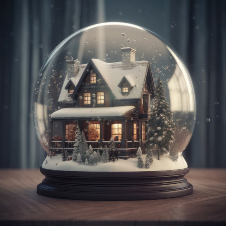 Merry christmas snow globe with a house on snowfall winter background. 3d illustration. Created with generative AIの写真素材