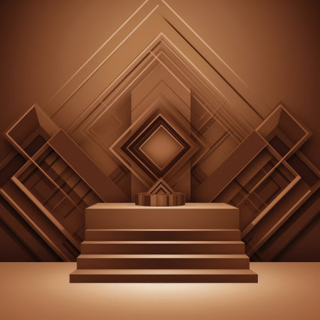 3d geometric shapes. Podium in dark brown color. Fashion show stage,pedestal,shopfront with colorful theme. minimal scene. Created with generative AIの写真素材