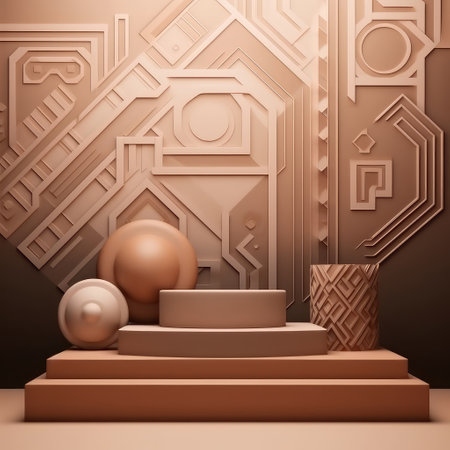 3d geometric shapes. Podium in dark brown color. Fashion show stage,pedestal,shopfront with colorful theme. minimal scene. Created with generative AIの写真素材