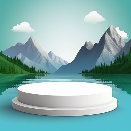 Abstract 3d render winter scene and Natural podium background, White podium on the gray cloud, backdrop ice snow mountain. Created with generative AIの写真素材
