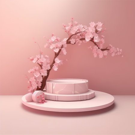 A realistic scene with a pedestal in pastel pink colors. Square platform with frosted glass and flowers in the background for product demonstration. Created with generative AIの写真素材