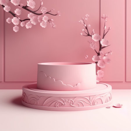 A realistic scene with a pedestal in pastel pink colors. Square platform with frosted glass and flowers in the background for product demonstration. Created with generative AIの写真素材