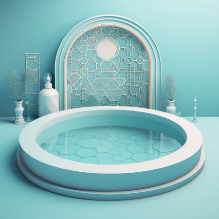 A minimalistic scene of a lying stone with flowers on a light blue background. Catwalk for the presentation of products and cosmetics. Created with generative AIの写真素材