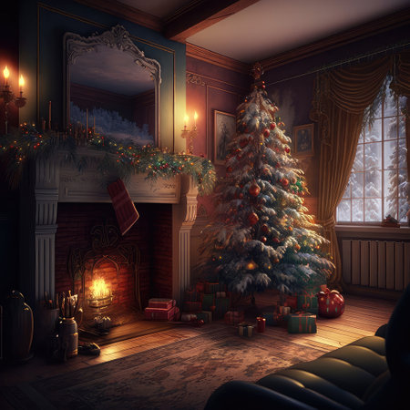 Beautiful Christmas gift boxes on floor near fir tree in room. Created with generative AIの写真素材