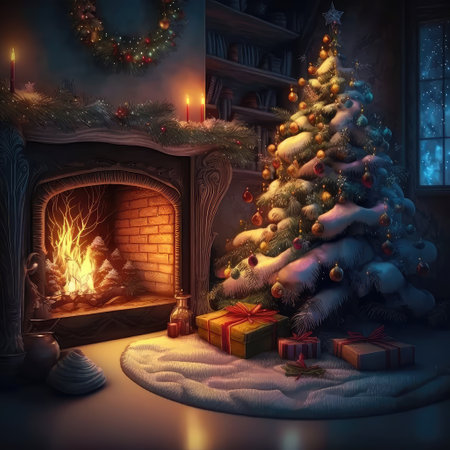 Beautiful Christmas gift boxes on floor near fir tree in room. Created with generative AIの写真素材