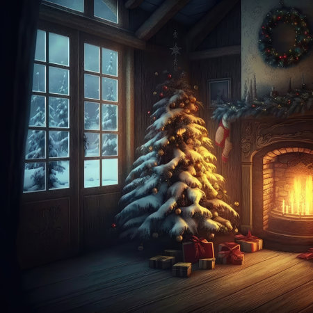 Beautiful Christmas gift boxes on floor near fir tree in room. Created with generative AIの写真素材