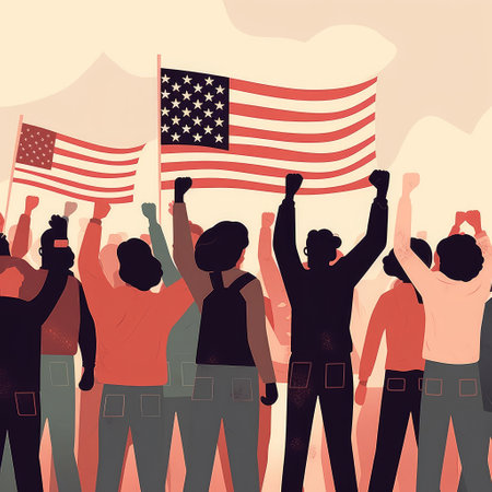 The concept of the struggle for rights and freedoms. protest. Hands clenched into fists against the backdrop of the American flag. flat illustration. Created with generative AIの写真素材