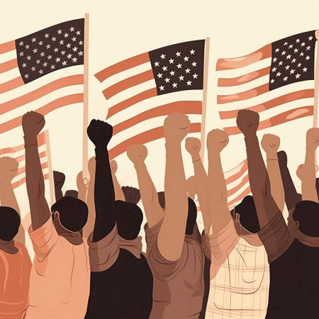 The concept of the struggle for rights and freedoms. protest. Hands clenched into fists against the backdrop of the American flag. flat illustration. Created with generative AIの写真素材