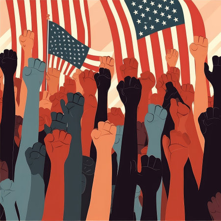The concept of the struggle for rights and freedoms. protest. Hands clenched into fists against the backdrop of the American flag. flat illustration. Created with generative AIの写真素材