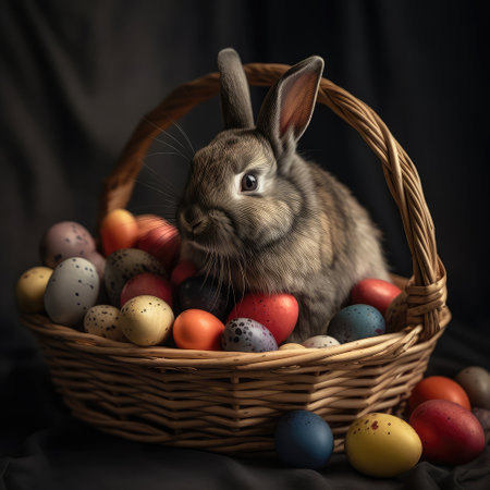 Easter cute rabbit sits with eggs on the background of spring nature. Created with generative AIの写真素材