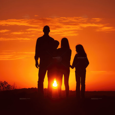 Family Vacation In Nature. Young Mom, Dad And Their Daughters And Son Meet At Sunset. Created with generative AIの写真素材