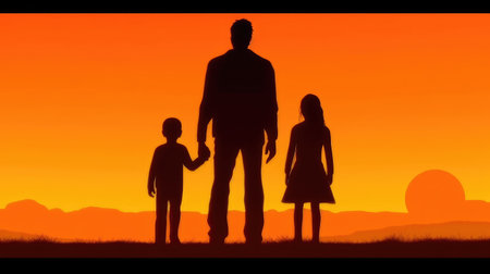 Family Vacation In Nature. Young Mom, Dad And Their Daughters And Son Meet At Sunset. Created with generative AIの写真素材