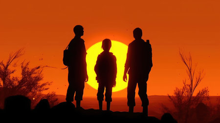 Family Vacation In Nature. Young Mom, Dad And Their Daughters And Son Meet At Sunset. Created with generative AIの写真素材