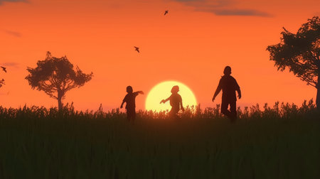 Family Vacation In Nature. Young Mom, Dad And Their Daughters And Son Meet At Sunset. Created with generative AIの写真素材