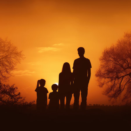 Family Vacation In Nature. Young Mom, Dad And Their Daughters And Son Meet At Sunset. Created with generative AIの写真素材
