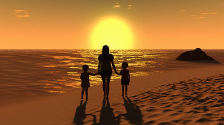 Family Vacation In Nature. Young Mom, Dad And Their Daughters And Son Meet At Sunset. Created with generative AIの写真素材