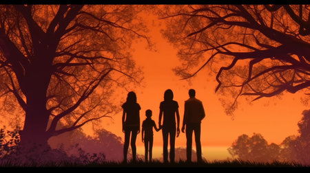 Family Vacation In Nature. Young Mom, Dad And Their Daughters And Son Meet At Sunset. Created with generative AIの写真素材