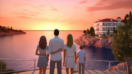 Family Vacation In Nature. Young Mom, Dad And Their Daughters And Son Meet At Sunset. Created with generative AIの写真素材