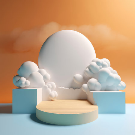 Step stage podium with colorful saturns and rocket on pastel blue background. Pedestal for kid product presentation. Created with generative AIの写真素材