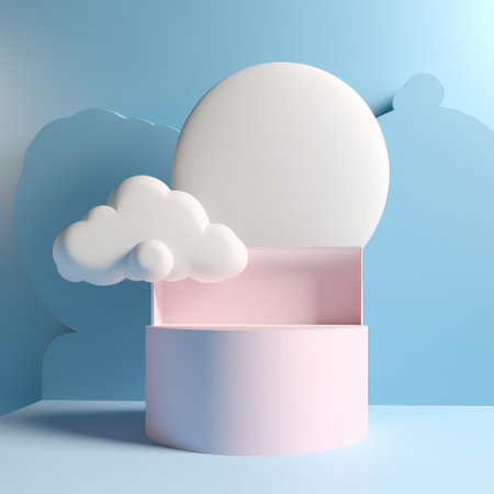 Step stage podium with colorful saturns and rocket on pastel blue background. Pedestal for kid product presentation. Created with generative AIの写真素材
