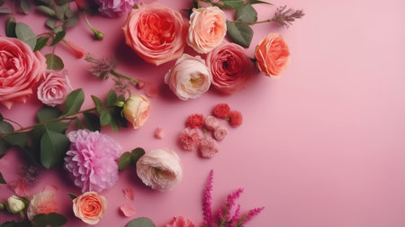 Beautiful spring Ranunculus flowers on gray stone table. floral border. pastel color. Greeting card for Valentines or Woman's Day. Created with generative AIの写真素材
