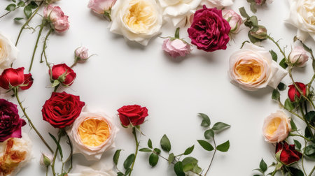 Beautiful spring Ranunculus flowers on gray stone table. floral border. pastel color. Greeting card for Valentines or Woman's Day. Created with generative AIの写真素材