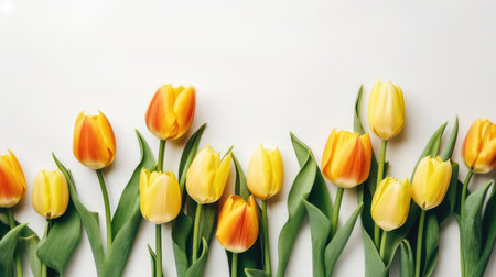 Set of seven different color tulip flowers isolated on white background. Created with generative AIの写真素材
