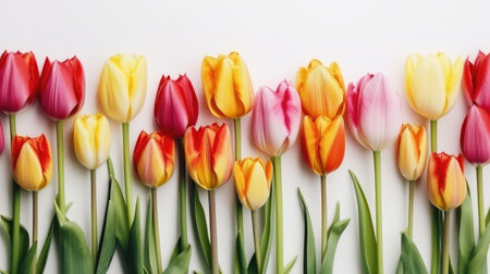 Set of seven different color tulip flowers isolated on white background. Created with generative AIの写真素材