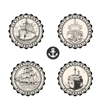 Compass tattoo templates set. Monochrome design marine elements with sea waves, whale, mountain landscape and text. Adventure, travel, navigation concept.のイラスト素材